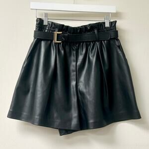 NWT Zara Faux Leather Elastic Waist Belted Paperbag Short Black Women's Size M